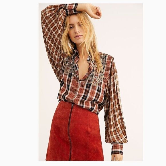 Free People Snow Top Mountains Plaid Shirt - Picture 2 of 5